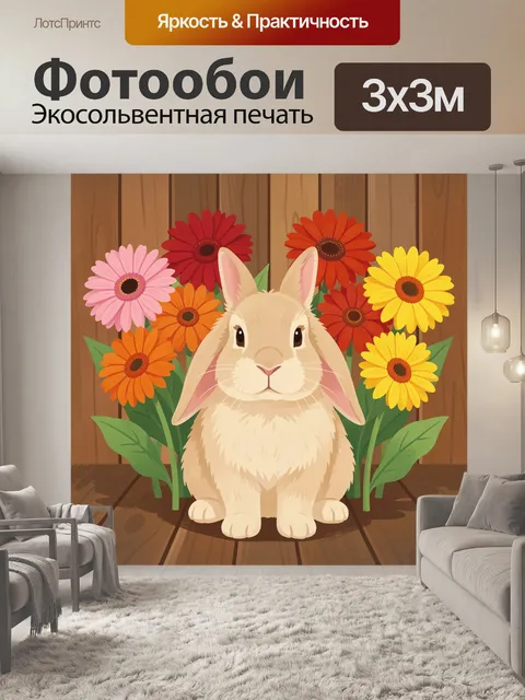 Фотообои Кролик среди ярких цветов