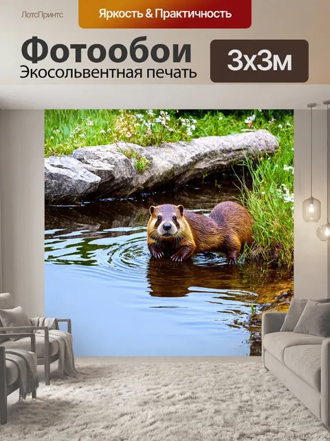 Фотообои картинка с бобром, работающим на строительстве плотины из веток и камней в спокойной глади реки