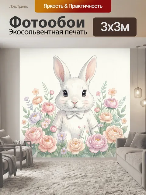 Фотообои Белый кролик среди цветов