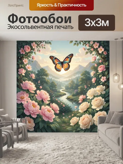 Фотообои Бабочка над цветущей долиной