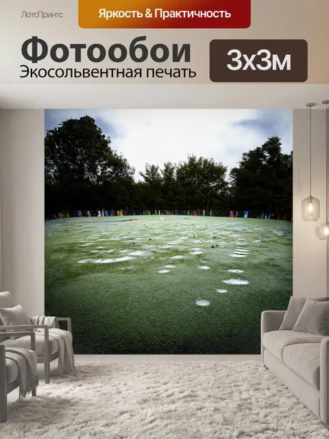 Фотообои территория пейнтбольного поля, покрытая множеством следов от обуви, обрамленная стройными деревьями