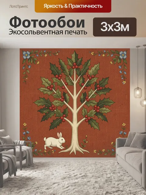 Фотообои Зимнее дерево с ягодами и зайцем