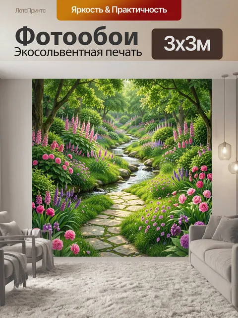 Фотообои Цветущий сад с ручьём и тропинкой