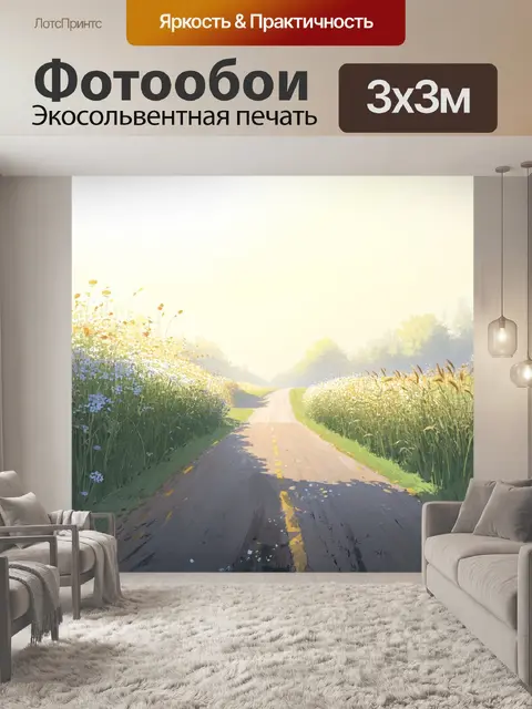 Фотообои туман в стиле манга, изображающие утренний туман на пустынной дороге, обрамленной высокими травами и цветами