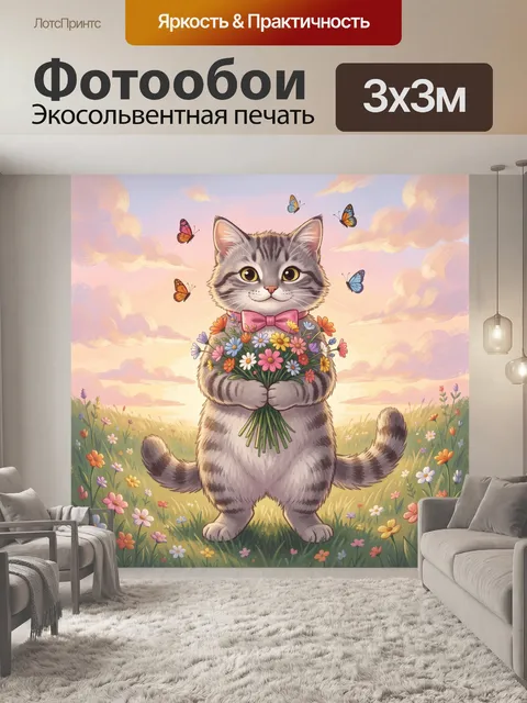 Фотообои Кот с букетом в поле