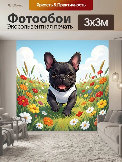Фотообои Черный французский бульдог в цветах