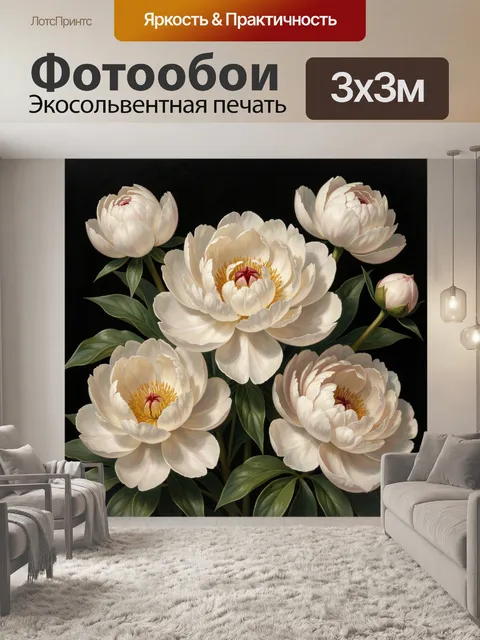 Фотообои Белые пионы на черном фоне