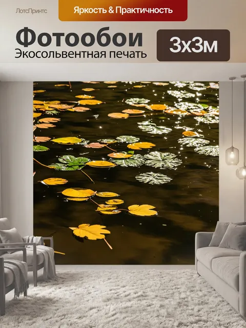 Фотообои листья на поверхности пруда, игра солнечного света, стиль современного искусства
