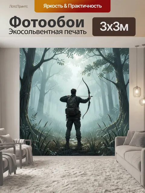 Фотообои Охотник с луком в туманном лесу