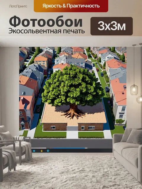 Фотообои современный район, где ведется строительство и в центре расположен массивный дуб, словно守刻архитектурный символ