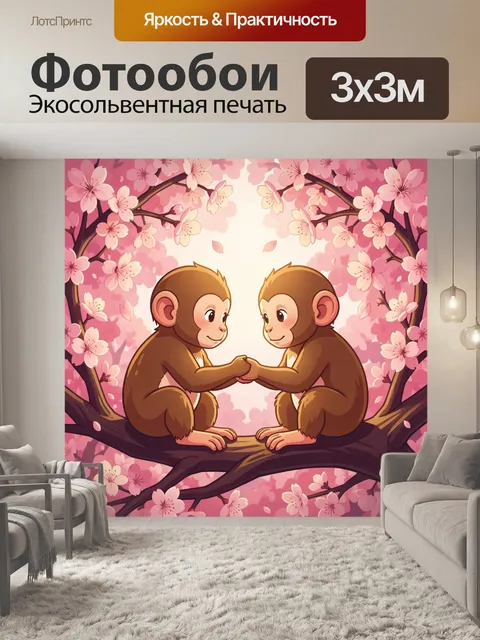 Фотообои Две обезьянки в цветущей сакуре
