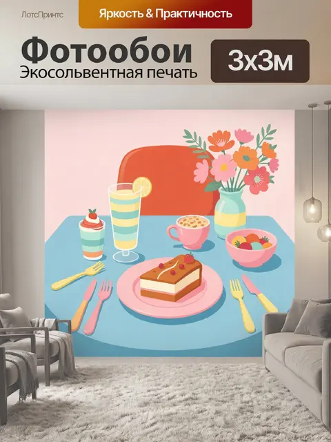 Фотообои Сладкий стол с цветами и десертами