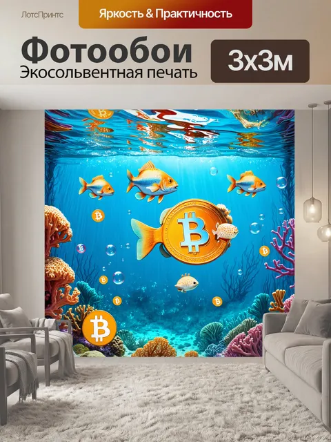 Фотообои подводный мир, где рыбы и морские существа представляют разные криптовалюты, плавая среди ярких кораллов и…