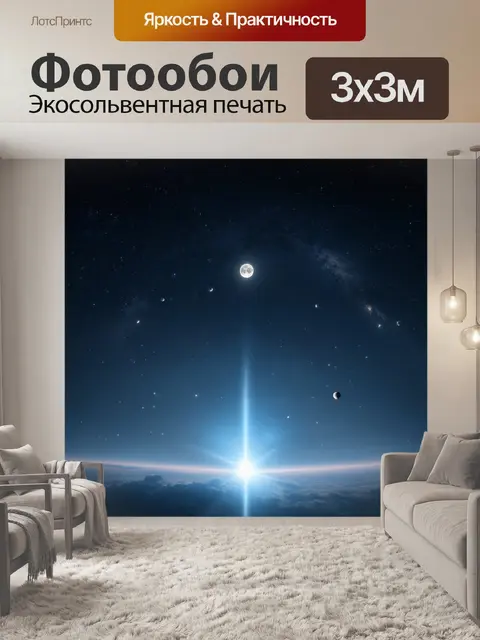 Фотообои космос в стиле минимализм, где светила сверкают в ночи, а лунный свет разливается по вашим стенам