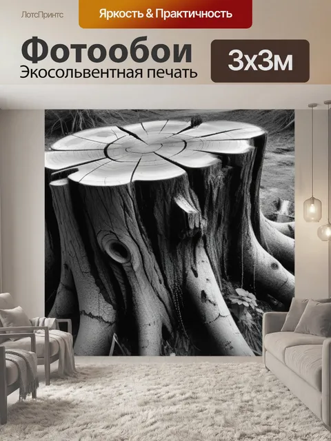 Фотообои пейзаж с пеньком чернобелый
