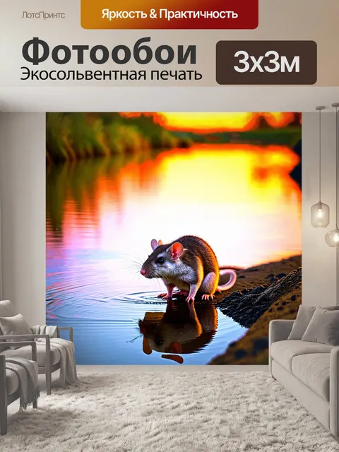 Фотообои крыса на краю полноводной реки во время заката, с отражениями ярких цветов в воде