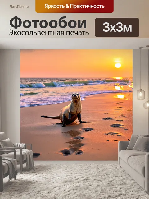 Фотообои тюлень, вздымающийся на берегу, оставляет мокрые следы на песке, пока прилив отступает и обнажает ракушки и…