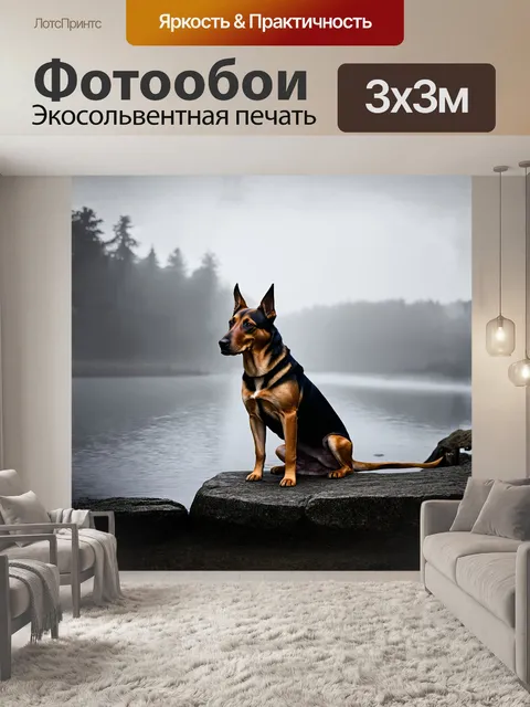 Фотообои спокойная собака, сидящая на каменном берегу спокойной реки, в туманном, сером свете рассвета, выполненная в…