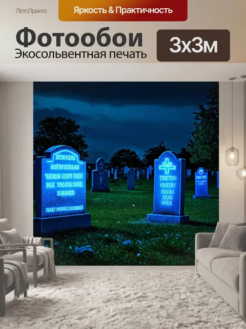 Фотообои пейзаж в стиле неоновый, старинное кладбище с неоновыми памятниками, ночное освещение, загадочная атмосфера