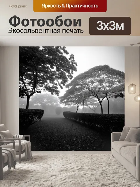 Фотообои туман в стиле черно-белый, романтический сад с лиственными деревьями, скрытыми под туманом