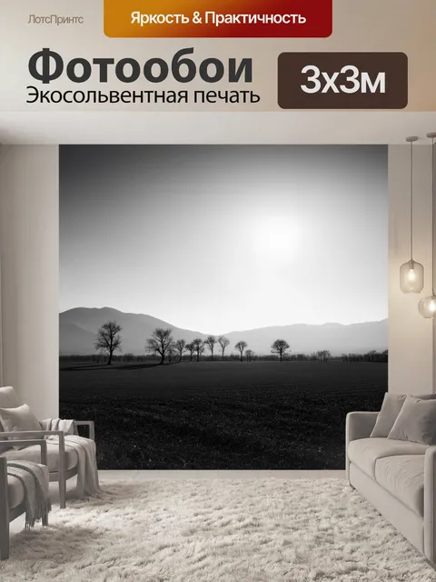 Фотообои описание: "пустое поле под непрерывным полуденным небом, заслонённое лёгким дымом от гор