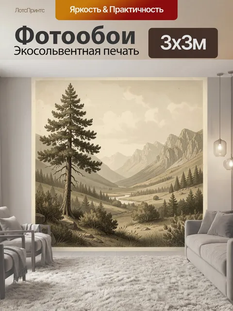 Фотообои Горная долина с хвойным деревом