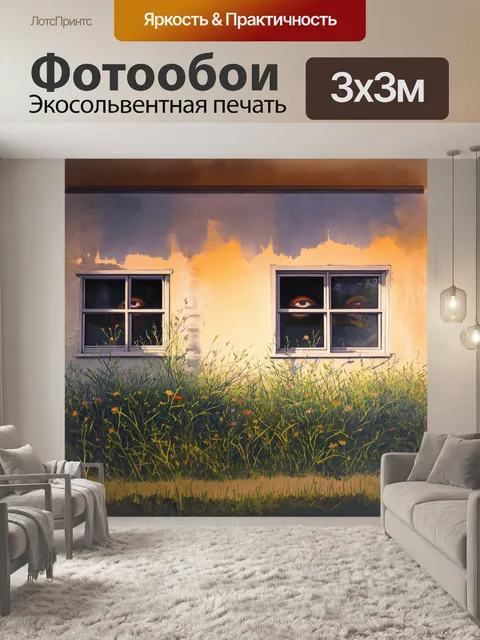 Фотообои стенки заброшенной школы, заросшей цветами и стеблями трав, где окна, словно пустые глаза, глядят на мир