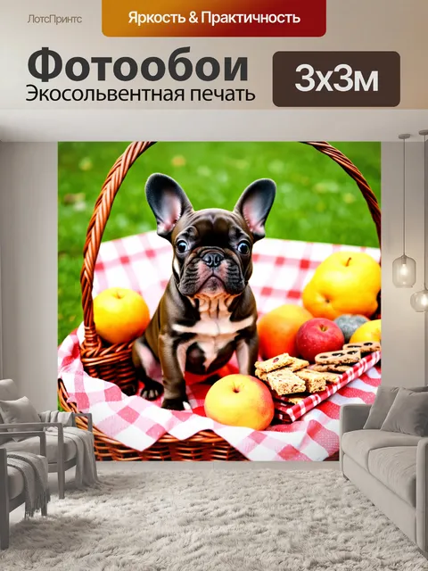 Фотообои щенок французского бульдога, сидящий в стильной корзине для пикника с разнообразными лакомствами и фруктами