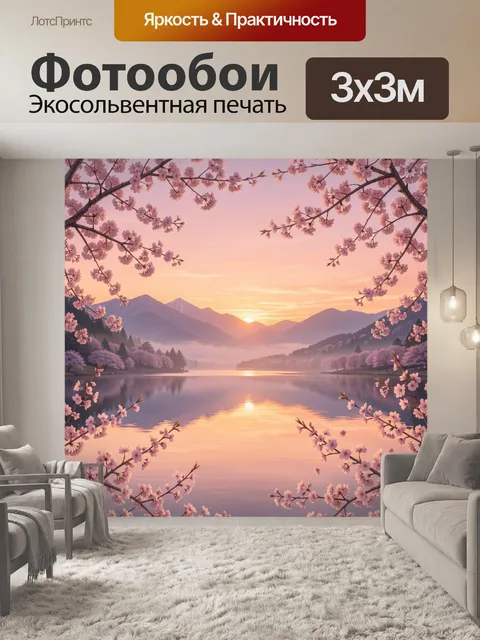 Фотообои Розовые цветы над горным озером