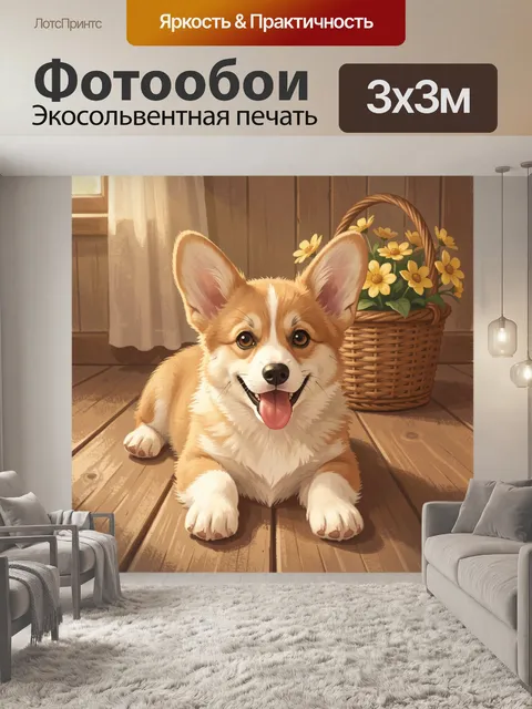 Фотообои Щенок корги с корзиной цветов