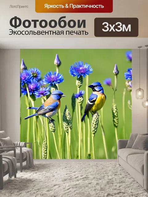 Фотообои птицы, сидящие на стеблях васильков
