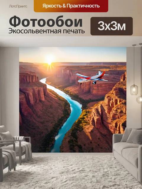 Фотообои самолет в стиле флэт, перелетающий над величественными каньонами и рекой, отражающей закатное солнце