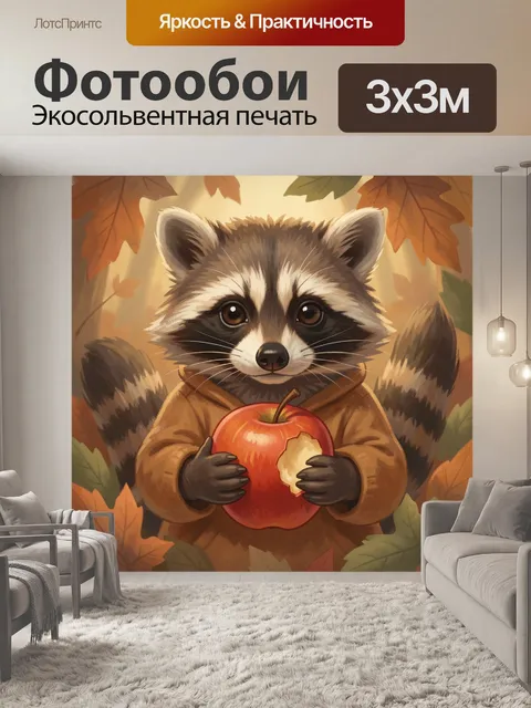 Фотообои Енот с красным яблоком