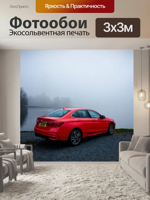 Фотообои машина в туманном утре рядом с озером