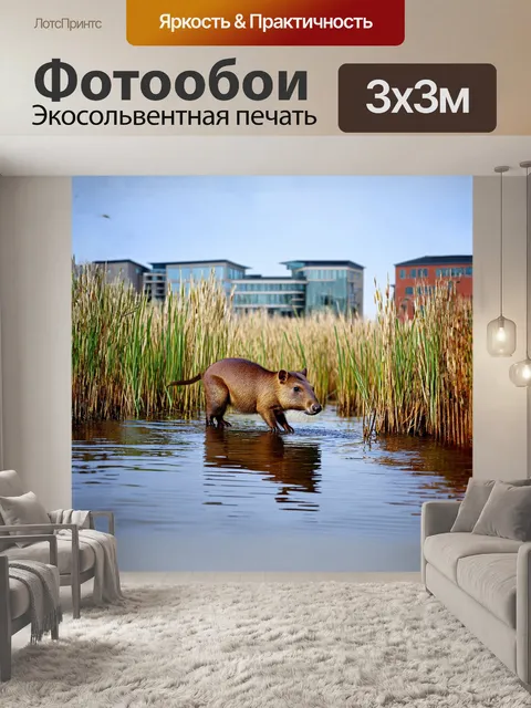 Фотообои капибара, исследующая живописные заросли тростника на берегу реки, на фоне пейзажа с современных зданий…
