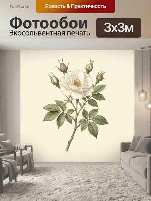 Фотообои Белая роза с бутонами и листьями