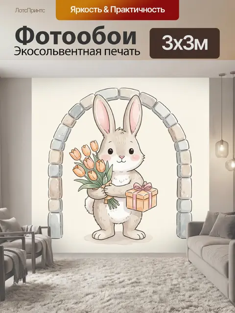 Фотообои Кролик с тюльпанами и подарком