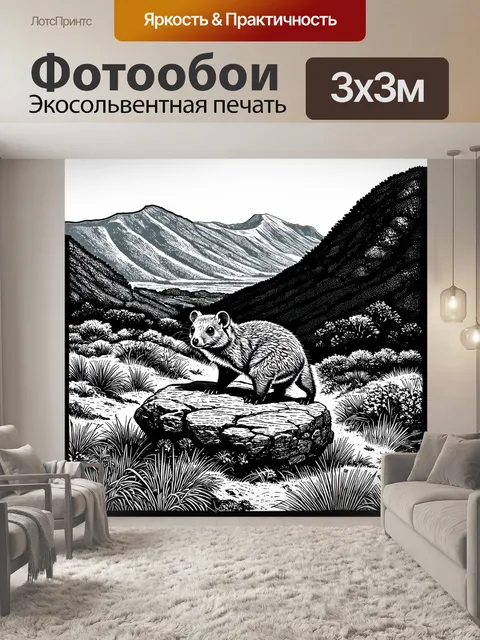 Фотообои рисунок в технике линогравюры, на котором скальный даман исследует свое окружение в южноафриканских горах