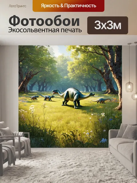 Фотообои динозавр в мирной сцене, где юрский лес окружает лужайку с экзотическими цветами