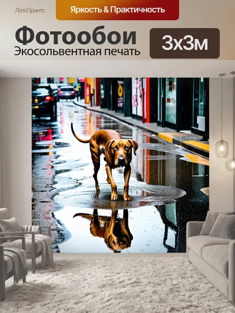 Фотообои родезийский риджбек, исследующий городские улицы во время дождя, отражения в лужах подчеркивают его активность