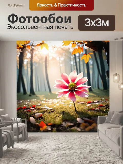 Фотообои мураками цветок, величественно раскинувший свои яркие лепестки, окружённый туманным фоном утреннего леса…