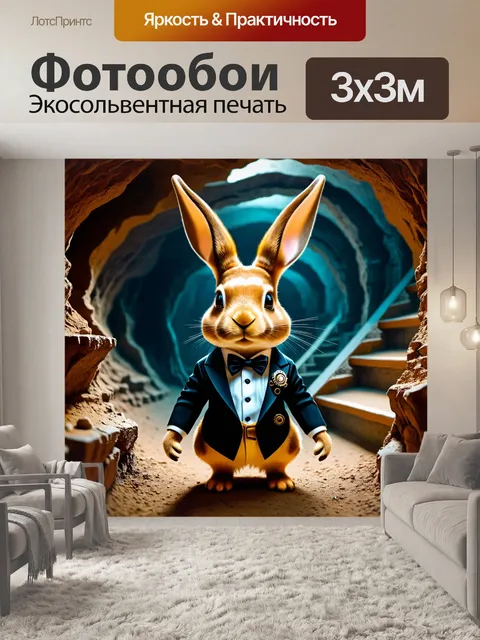Фотообои животные в стиле стимпанк: винтажный кролик в смокинге, исследующий подземные пещеры со спиральными лестницами