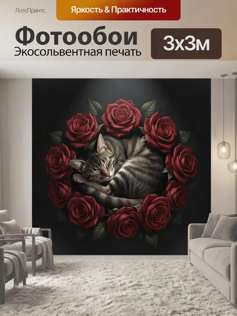 Фотообои Котёнок в венке из роз