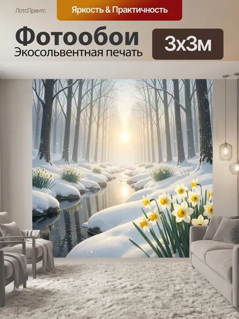 Фотообои Зимний лес с подснежниками