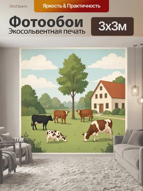Фотообои Ферма с коровами и домом