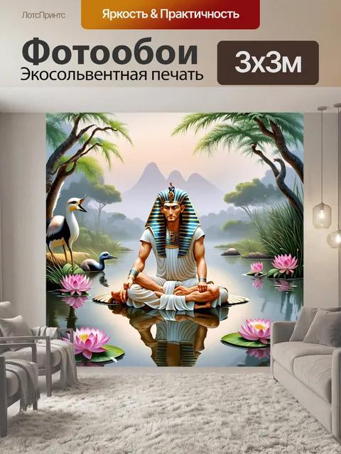 Фотообои фараон, седящий на берегу озера с лотосами, в окружении дикой природы
