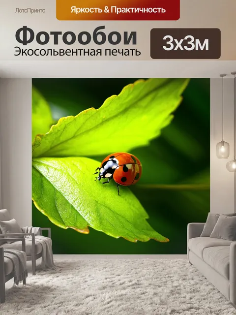 Фотообои изображение крупным планом божьей коровки на листьях с ярко выраженной текстурой