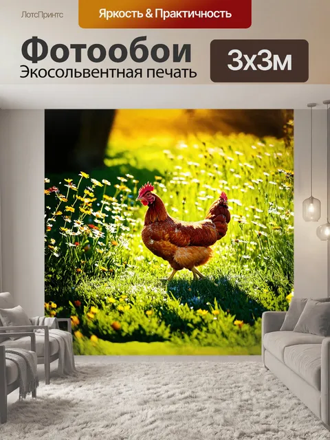 Фотообои курица новая, рыжая, величественно уходит по зелёному лужку, окружённая яркими полевыми цветами