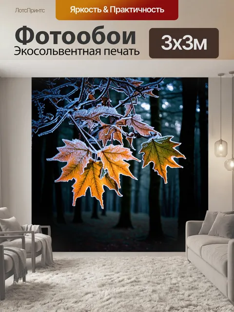 Фотообои листья клена, заметенные морозом, которые повисли на ветвях слабо освещенного леса, образуют сказочное зрелище
