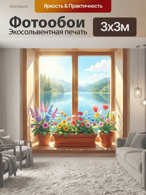 Фотообои Окно с видом на озеро и цветы